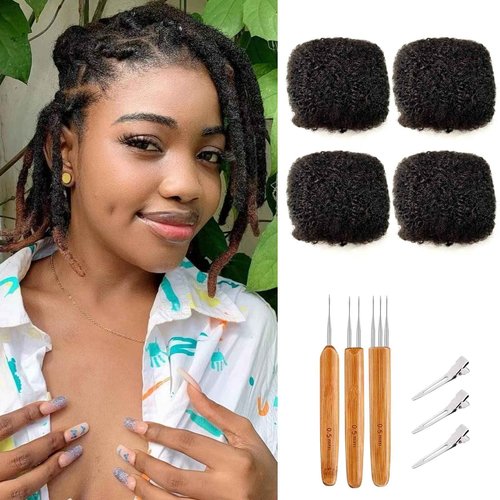 JIFFYLOCS Tight Afro Kinky Bulk Human Hair for Dreadlock Extensions 100% Human Hair,120g 4 Packs 8 Inches Long,Natural Black #1B,Repair Extensions,Making Locs or Braids, with Needles and Hairpin
