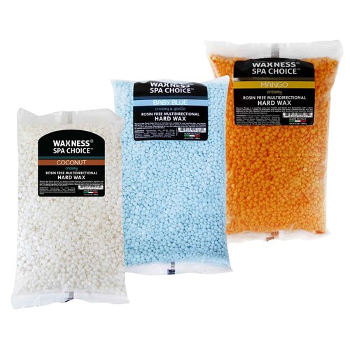 Waxness Spa Choice Assorted Hard Wax Beads 2.2 lb 1 kg Pack of 3 - Mango, Coconut, Baby Blue