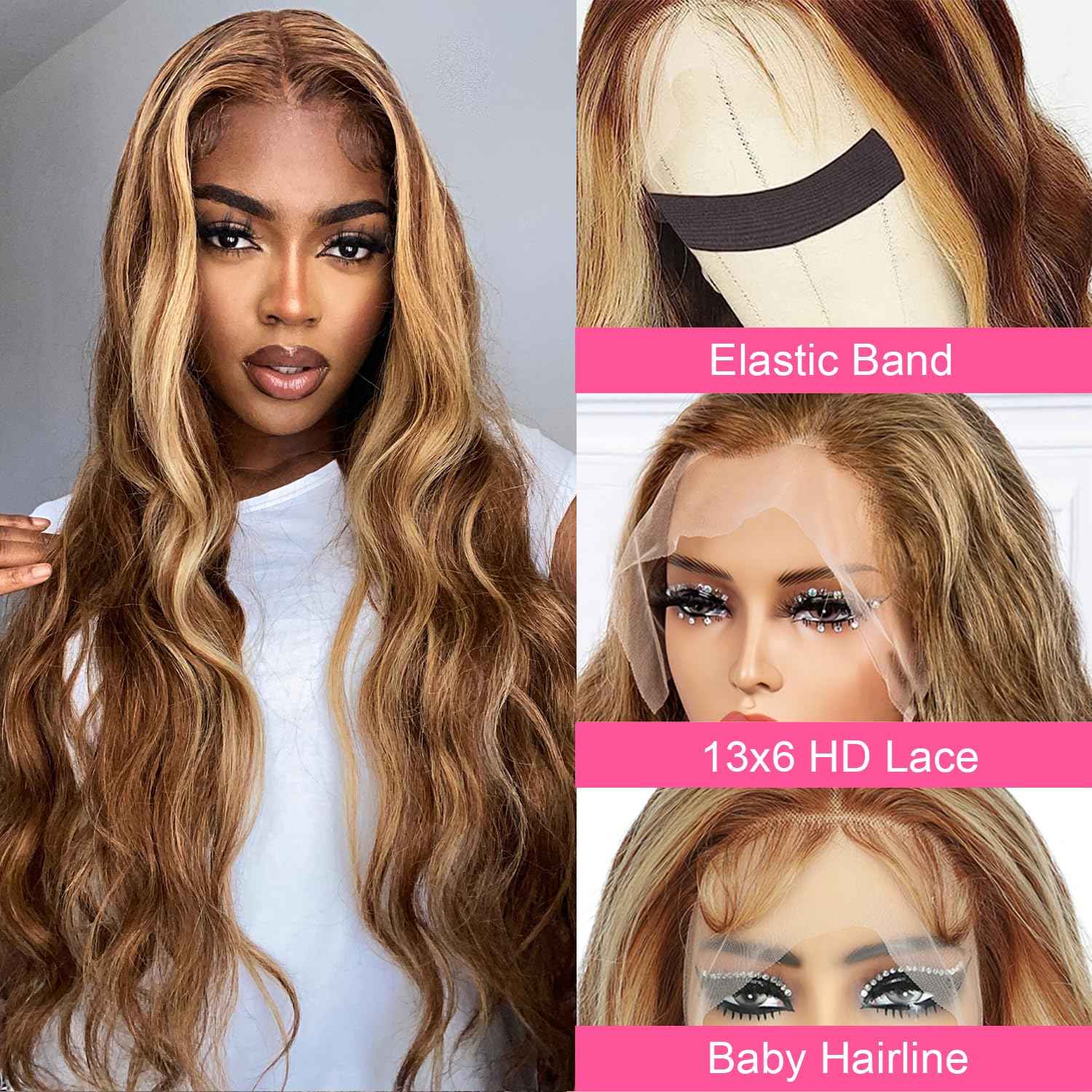 Kucmir 28 Inch Highlight Lace Front Wig Human Hair Ombre for Women 13x6 Body Wave Honey Blonde HD With Baby Hairline