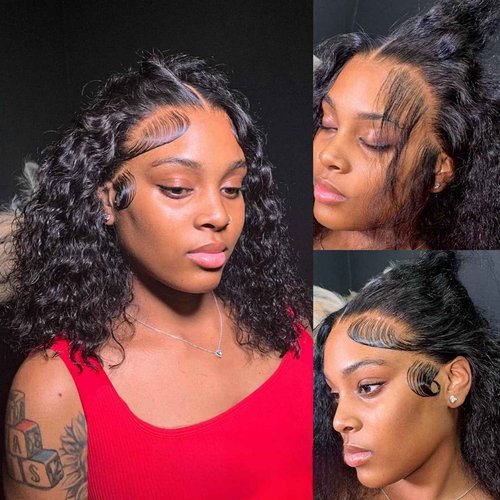 Nakkia 13x6 Bob Wig Deep Wave Lace Front Wigs Human Hair 13x6 Lace Frontal Wigs 180% Density Curly Bob Wig Human Hair Pre Plucked for Women Natural Black 16Inch