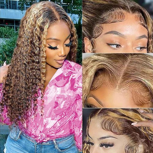 Yeeaak 13x6 Highlight Deep Wave Lace Front Wigs Human Hair Ombre 4/27 Curly HD Lace Frontal Wig for Women 180% Density Pre Plucked Glueless Honey Blonde Wig 18 Inch