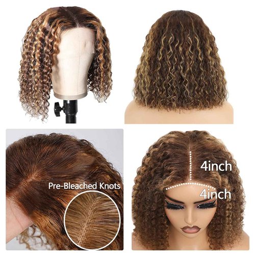 olimaruly Highlight Ombre Honey Blonde Curly Bob 4x4 Lace Wig Deep Wave Wigs Pre Plucked Pre Cut Bleached Knots 10 Inch Wear And Go Glueless for Woman Pre Plucked With Baby Hair for Black Women