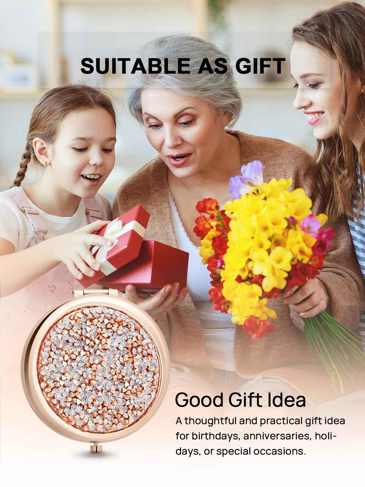 Getinbulk Compact Mirror for Purse, Pack of 24 Double-Sided 1X/2X Magnifying Round Metal Pocket Makeup Mirrors(Rose Gold, Mix Diamond)