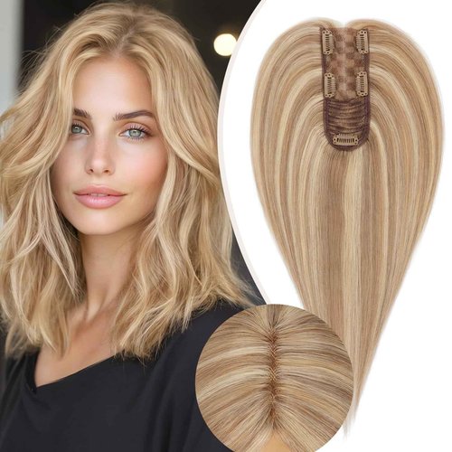 Rich Choices Hair Toppers for Women Real Human Hair 100% Human Remy Toppers for Women with Thinning Clip in NO Bangs Lace Base 150% Density 08 Inch #12P613 Golden Brown Highlight Bleach Blonde