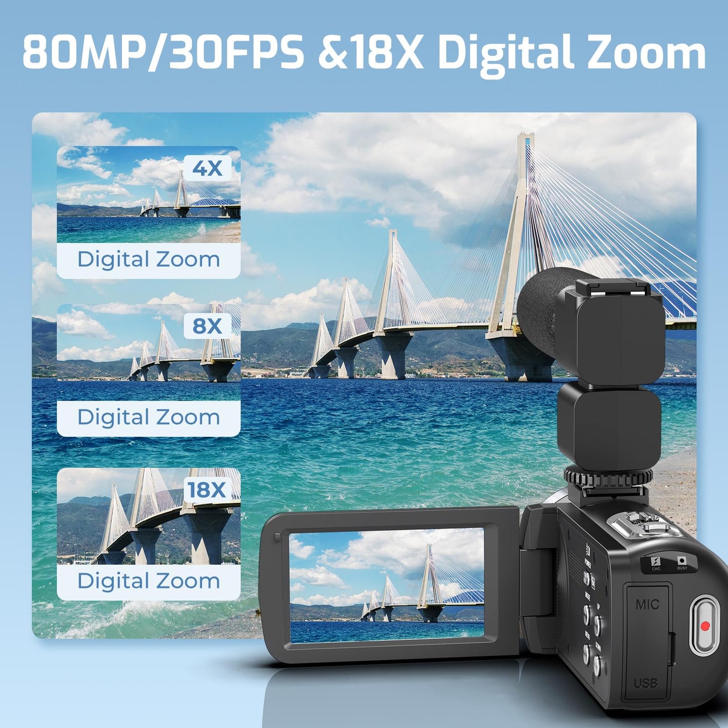 4K Camcorder Video Camera 80MP Ultra HD Vlogging Camera for YouTube 18X Digital Zoom 3.0" IPS HD Screen Recorder IR Night Version With Handheld Stabilizer, Microphone, Remote Control and 32GB SD Card