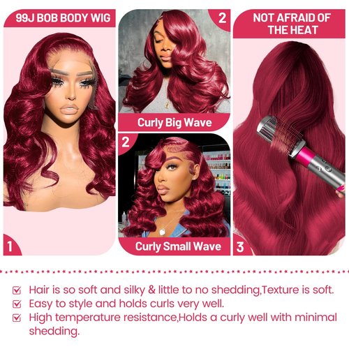 99j Burgundy Lace Front Wigs Human Hair 13x4 Bob Wig Human Hair Pre Plucked 200 Density HD Transparent Body Wave Lace Front Wigs Human Hair Red Colored Short Bob Wig for Women with Baby Hair 16inch