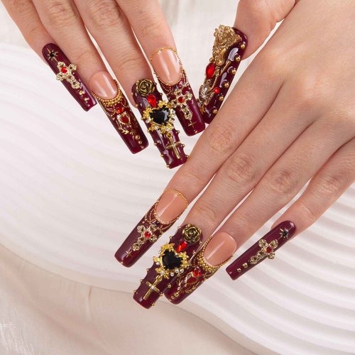 LOVFUL Press on Nails Gothic Romance| Handmade with Full Covered Crystals| Reusable Fake Nails| Square Mid length 1.7in| H333-S
