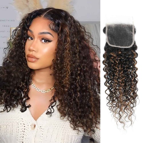 Anmetan Honey Blonde Highlight Black and Brown Ombre 4x4 Closure Water Wave Human Hair 20 In, 12A F1B30 Color Wet and Wavy 100% Remy Pre-plucked with Baby Hair Free-part Hairline 4x4 Lace Closure
