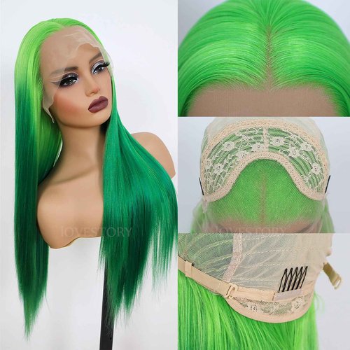 Lovestory Green Lace Front Wigs Long Straight Glueless Hair Ombre Green Color Wig Heat Resistant Synthetic Lace Front Wigs for Fashion Women 22inch