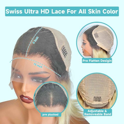 Msviki 13x4 Blonde Ombre Bob Wig with Dark Roots Brazilian Remy Human Hair Double Drawn 180% Density Short Straight Wig Preplucked UHD Transparent Lace Frontal Wigs for Women 12inches