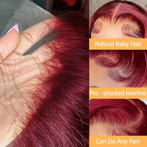 Burgundy Lace Front Wigs Human Hair 99j 13X4 Body Wave Lace Front Wigs 180% Density 100% Brazilian Human Virgin Hair Glueless HD Red Wigs Pre Plucked with Bleached Knots Natural Hairline (26inch)