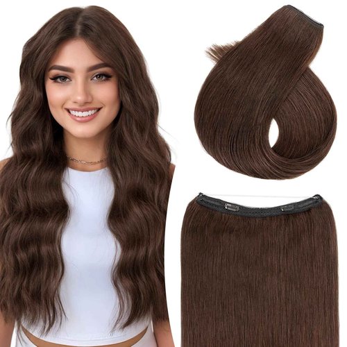 TESS Human Hair Extensions Halo Remy Hair 22 Inch Straight Adjustable Invisible Wire Easy to Use Clip in, Dark Brown