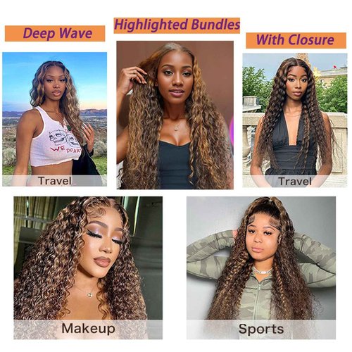 Blonde Highlight Human Hair Bundles with Closure (14 16 18+14 inch) 10a Brazilian Deep Wave Bundles Human Hair with 4X4 Free Part Closure 4/27 Ombre Brown Bundle