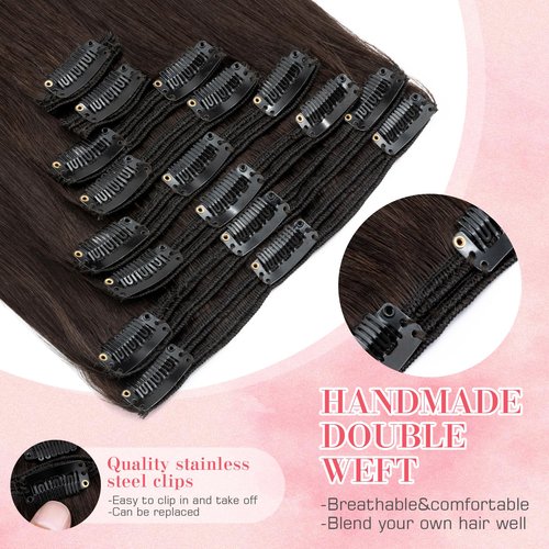S-noilite 8PCS Clip in Hair Extensions Real Human Hair Dark Brown Clip In Hair Extensions 18 Inch 140g Straight Double Weft #2