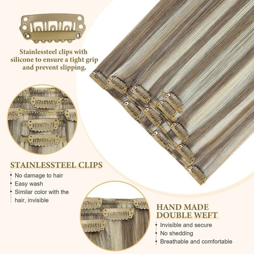 Ash Brown Highlights Platinum Blonde Clip in Real Human Hair Extensions for Women 22 Inch Remy Brazilian Clip on Human Hair Natural Straight Clip ins Hair Invisible Double Weft 60G 5 PCS