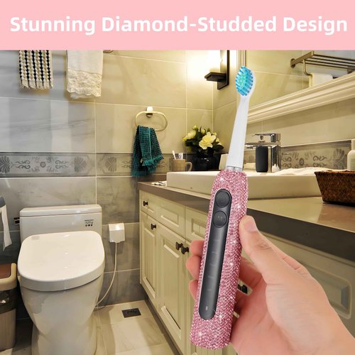 Veseek Diamond Sonic Electric Toothbrush Bling Rechargeable Toothbrushes for Adults with 6 Brush Heads Vibrating Toothbrush-5 Modes, USB-C Fast Charge,2Min Smart Timer,IPX7 Waterproof(Pink)