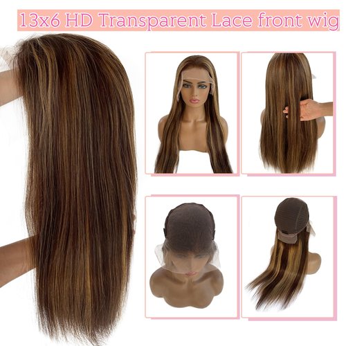 Smavida 13x6 Highlight Straight 4/27 HD Lace Front Wig Human Hair,20Inch Brown Colored HD Transparent Lace Frontal Wig Human Hair Brown to Blonde Ombre Highlight Lace Wigs