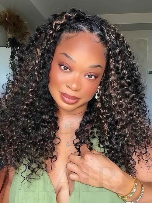 V SHOW Wear Go Glueless Half Wig Human Hair 1B/30 Highlight Water Wave Bod Wigs 3 In 1 Curly Half Wigs 180% Density Drawstring Seamless Fit Strap Flip Over Headband Wig 12 Inch Beginner Friendly