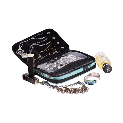Set Of Large Hanging Travel Toiletry And Cosmetic Bag For Women and Jewelry Travel Organizer Bag With Many Pockets in Turquoise Flowers