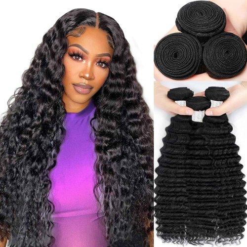 12A Human Hair Bundles 18 20 22 Inch Deep Wave Bundles Human Hair 100% Unprocessed Brazilian Virgin Deep Curly Weave 3 Bundles Hair Extensions for Women Natural Color
