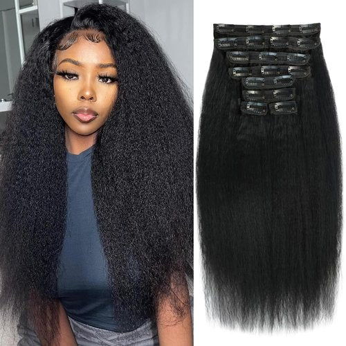 24 inch Kinky Straight Clip in Hair Extensions Real Human Hair Clip ins Yaki Full Head for Women Brazilian Human Hair Natural Black Color 8pcs 20 Clips 110g