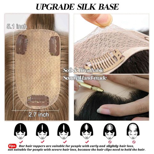 JGS1996 Hair Toppers for Women Real Human Hair Topper with Bangs Hair Clip in Wiglets Hairpieces 3.9x4.7 Silk Base Wig Toppers for Thinning Hair 150% Density Remy Hair Pieces #6 Light Brown