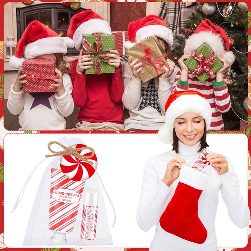 Heigble 144 Pcs Christmas Candy Cane Lip Balm Hand Cream Set Party Favors Including 36 Lip Balm 36 Moisturizing Hand Cream 36 Bags 36 Cards and Ropes for Xmas Accessories Gifts