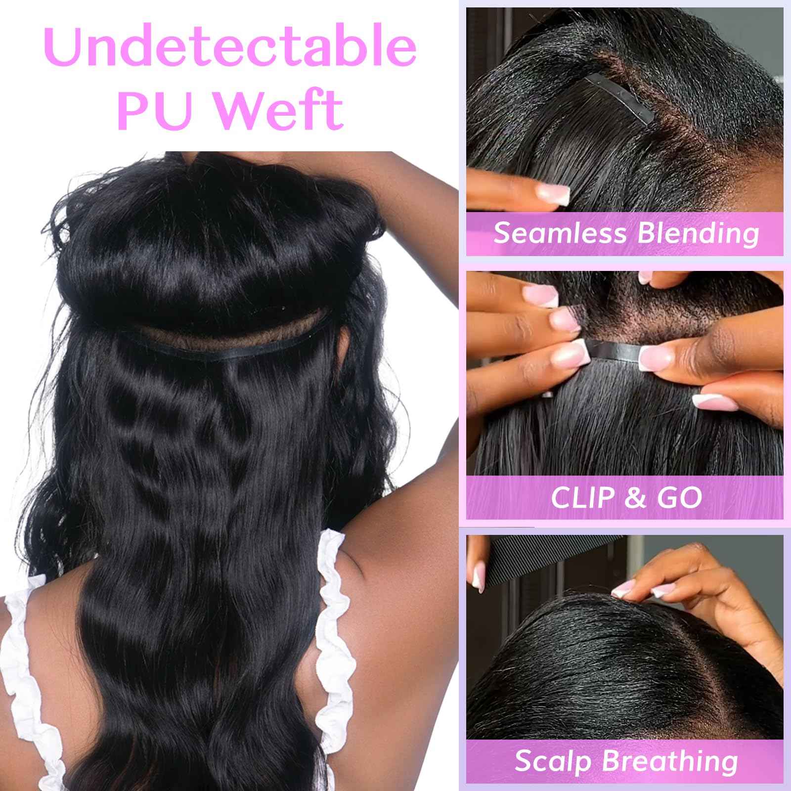 IDN BEAUTY Seamless Clip In Hair Extensions Human Hair, Body Wave 16 Inch 110g 7pcs Natural Black Real Virgin Human Hair Seamless Clip Ins For Black Women PU Weft Invisible Edge