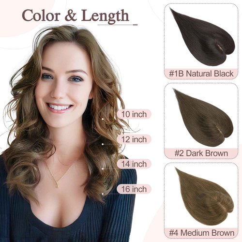 SEGO Hair Toppers for Women Real Human Hair Large Full Silk Base 9 * 14 cm Free Part No Bangs 150% Density Clip In Topper Hairpieces for Women with Thinning Hair -12 Inch #4Y Medium Neutral Brown
