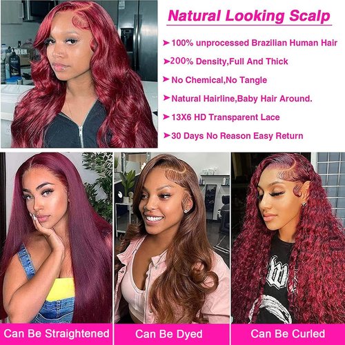 BOSDIOS 13x6 Burgundy Lace Front Wigs Human Hair Red 99J Body Wave Transparent Lace Frontal Wig Human Hair for Black Women Colored Wine Red Wig 200% Density Glueless Pre Plucked With Baby Hair(22in)