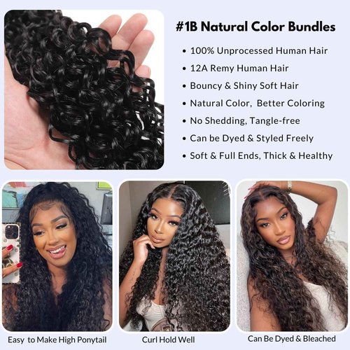 MOMOSHERO Water Wave Human Hair Bundles Curly Bundles, Natural Black Wet And Wavy Human Hair Bundles Sew In Weave, Soft & Shed-free 12A 100% Brazilian Virgin Remy Hair 3 Bundles 16 18 20Inch