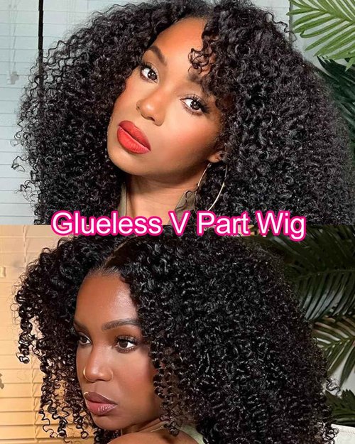 V SHOW V Part Wig Human Hair No Leave Out 180% Density Upgrade U part Afro Curly Wigs with Clips Glueless Wig Human Hair for Women Beginner Friendly No Lace No Glue 16Inch