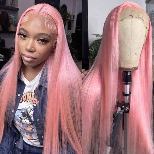 TaBeWay 13x6 Pink Synthetic Lace Front Wigs Long Straight Hair Pastel Pink Lace Front Wigs for Fashion Women Heat Resistant Soft Hair Natural Hairline