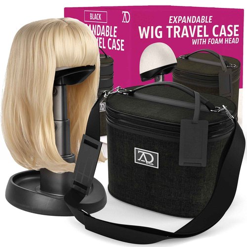 Wig Travel Case - 8"-12" High Wig Box with Collapsible Wig Stand - Dome Foam Wig Head Stand in Zipper Carrying Case w/Handle for Safe Traveling Storage of Wigs, Lace Front Cap, Toupee (Denim Black)