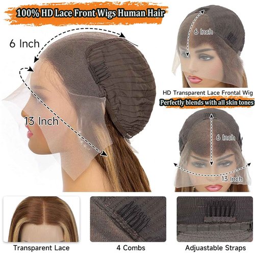 Kysonty 24 Inch Honey Blonde Ombre Lace Front Wig, Human Hair, Highlight, Straight, 180 Density, Glueless, 13x6 HD Lace Frontal Wig for Black Women, Pre-Plucked With Baby Hair, 4/27 Colored