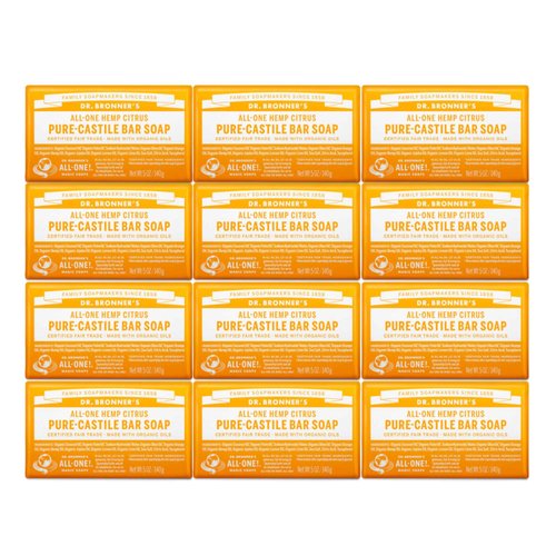 Dr. Bronner's - Pure-Castile Bar Soap - Citrus, Made w/Organic Oils, For Face, Body, & Hair, Gentle & Moisturizing, Smooth Lather, Biodegradable, Vegan, Cruelty-Free, Non-GMO (5oz, 12-Pack)