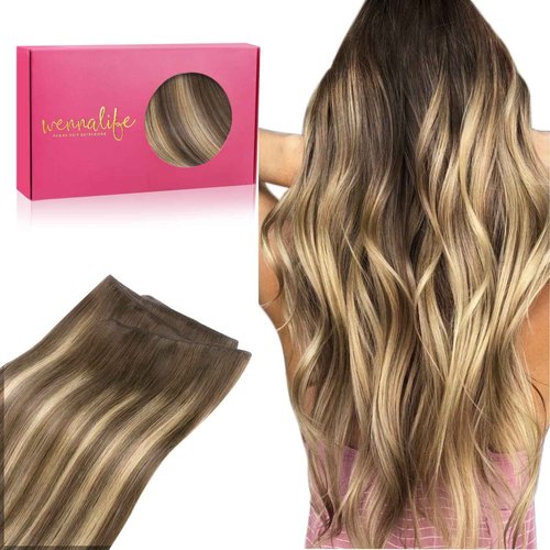 WENNALIFE Sew in Hair Extensions Real Human Hair, 22 Inch 110g Balayage Chocolate Brown to Caramel Blonde Machine Weft Remy Hair Hand Tied Weft Straight Extensiones De Cabello Hmano