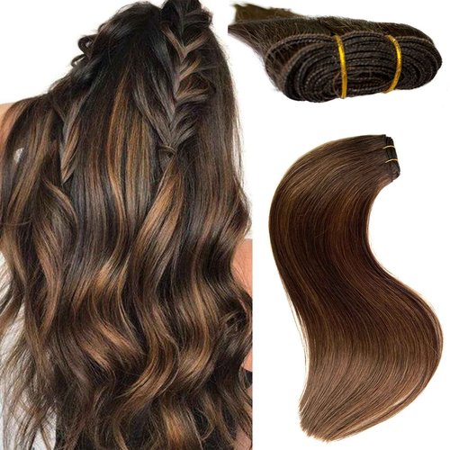 Sew in Hair Extensions Real Human Hair, Weft Hair Extensions Human Hair Bundles 16 Inch 100G Dark Brown Balayage Light Brown Hair Bundle Human Hair Hand Tied Weft Hair Extension for Women
