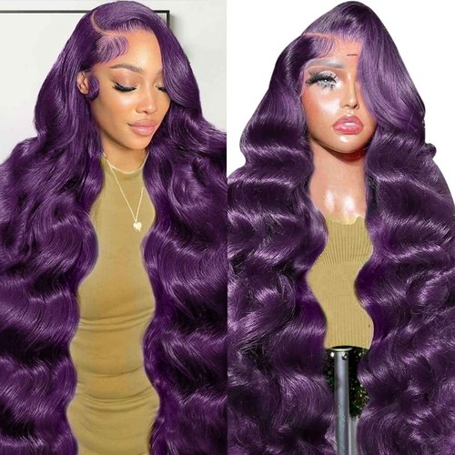 haha Deep Purple Lace Front Wig Human Hair 13X6 Hd Lace Frontal Wig Dark Purple Human Hair Wig Colored Glueless Body Wave Transparent Lace Front Grape Purple Wig For Women 180% Density 26 Inch