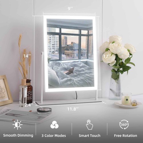 VANITII Vanity Mirror with Lights 12”x16” Hollywood Makeup Mirror with 10X Magnification and Free Rotation Dimmable 3 Color Modes Smart Touch LED Mirror