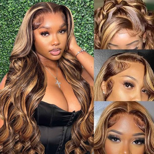 BYWEEW Honey Blonde Ombre Lace Front Wig Human Hair Highlight Body Wave 13X6 Lace Front Wigs 180 Density Glueless 4/27 Highlighted Human Hair Wig 26 Inch