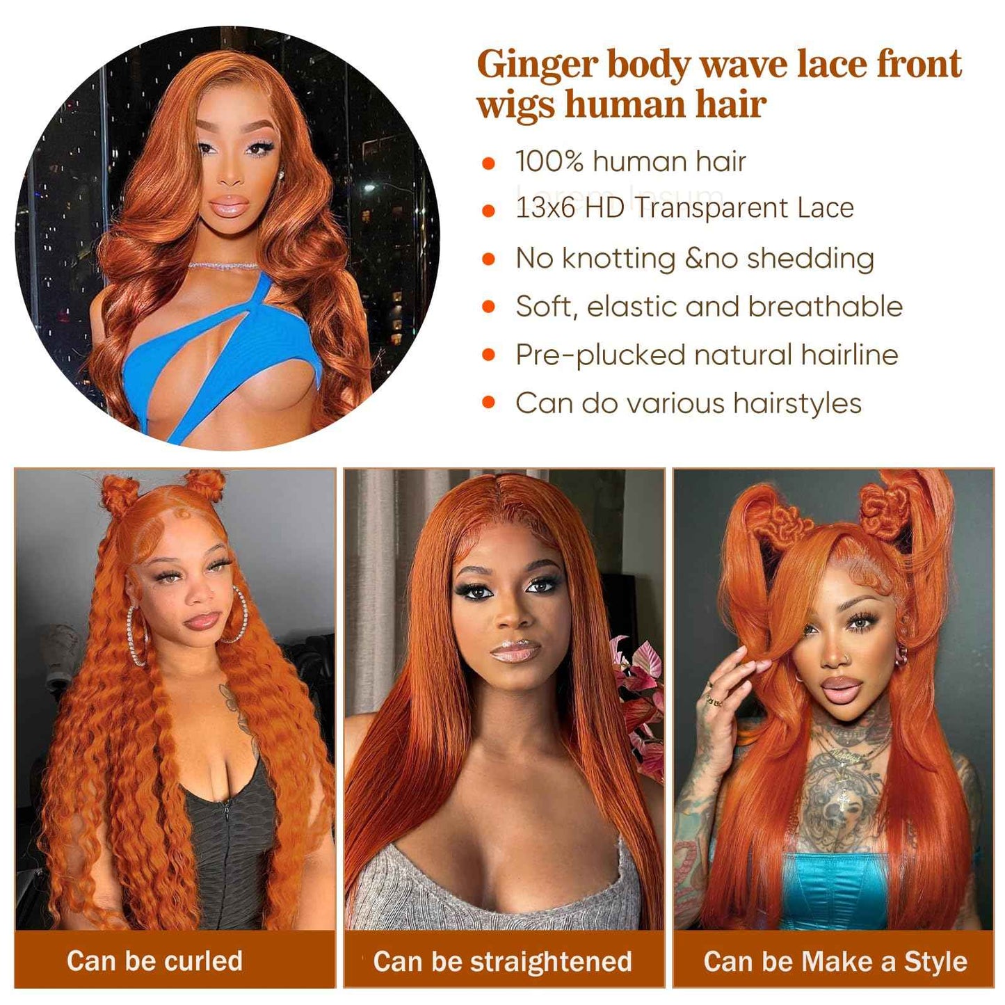 Ginger Lace Front Wigs - Human Hair, 13x6 HD Body Wave, Pre-Plucked with Baby Hair, 180 Density, Glueless, Ginger Orange, 20"