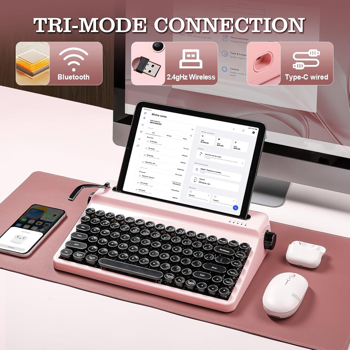 YUNZII QL75 Wireless Typewriter Retro Mechanical Keyboard(Pink, Cocoa Cream V2 Switch),Spring Tea Keycap Cherry(Cherry Profile, Spring Tea)