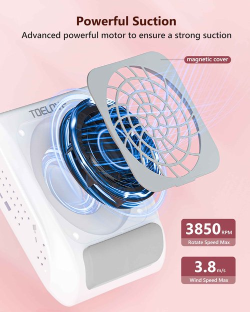 TOELOVE Upgraded Nail Dust Collector with Hand Rest, 10 Speeds, Reusable Filter, Quiet & Rechargeable, Professional Nail Fan Dust Tech Machine for Acrylic Gel Nails Polishing, Salon & Home, White