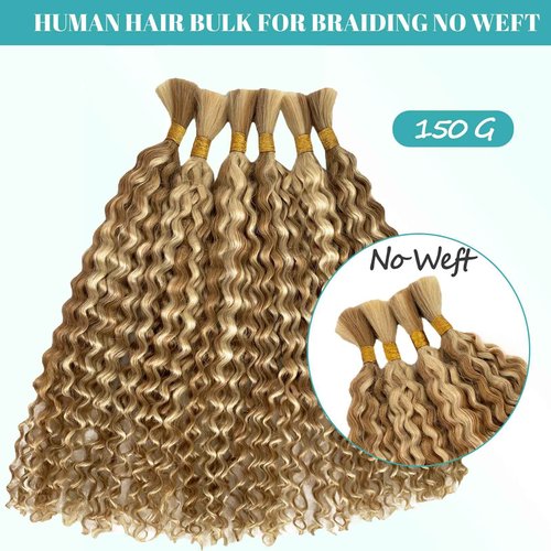 Human Braiding Hair for Boho Braids Virgin Human Hair 3 Bundles 150g Water Wave Bulk Human Hair for Braiding Honey Blonde Curly No Weft Hair Extensions for Bohemian Braids 26 inch