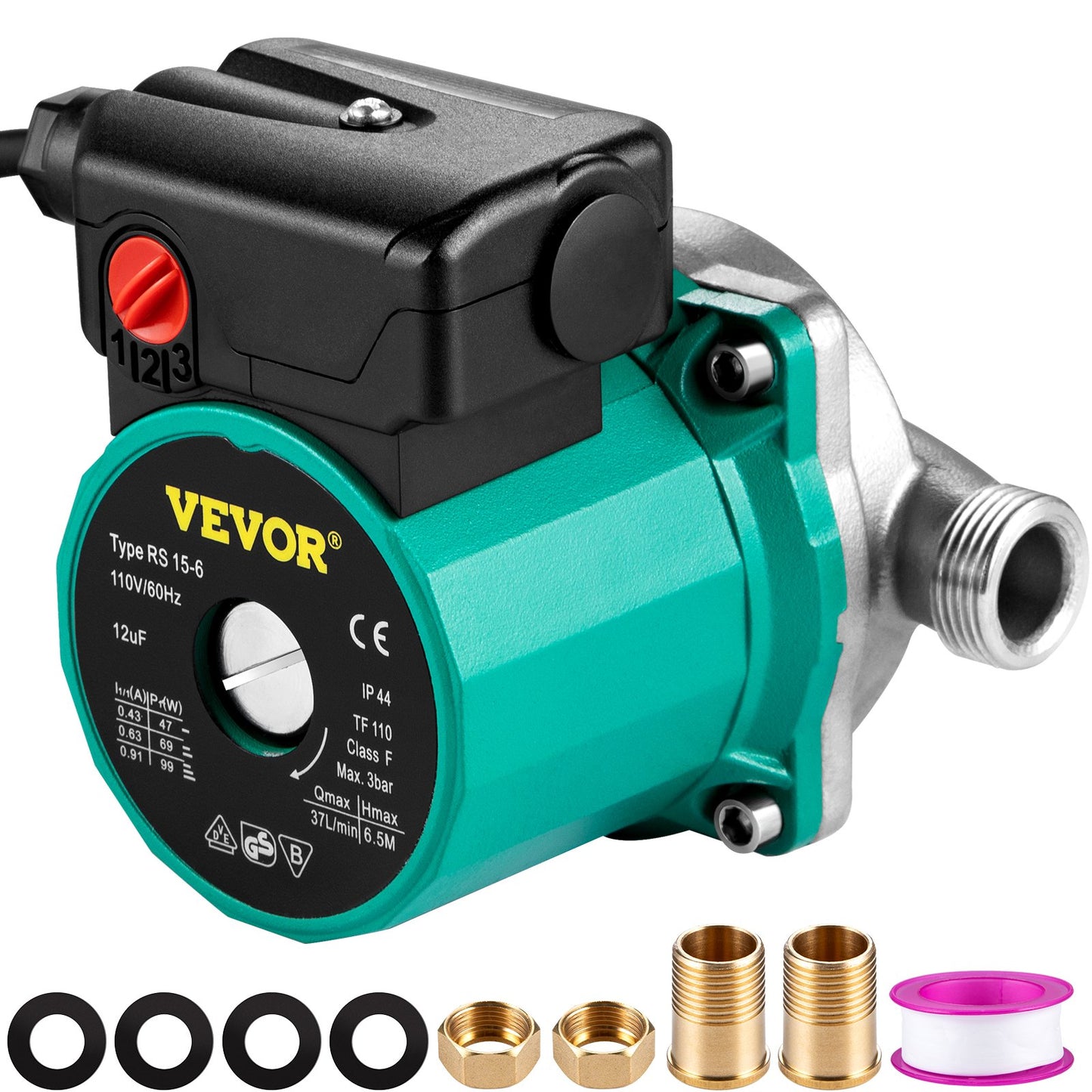 Hot Water Recirculating Pump 93W 110V Stainless Steel 3-Speed Circulator for Water Heater