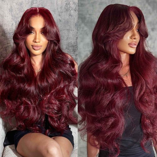 99j Burgundy Lace Front Wigs Human Hair Pre Plucked 13x6 Lace Frontal Human Hair Wigs for Black Women Body Wave Glueless Human Hair Wig 180% Density Pre Plucked Bleached Knots with Baby Hair （26 Inch）
