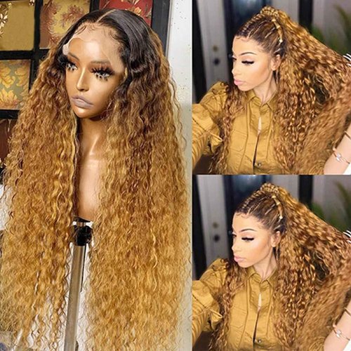 Labamiya 30 Inch Omber Blonde Human Hair Wig Ombre Blonde T1B/27 Curly Wave Lace Front Wigs Human Hair 13X4 HD Pre Plucked with Baby Hair 200% Density