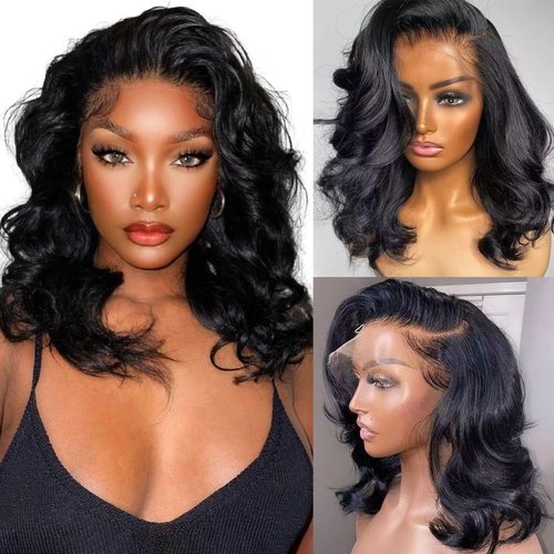 Cfaimity Lace Front Wigs Human Hair Short Bob Wigs 13x4 Body Wave Lace Frontal Wig Pre Plucked with Baby Hair 180% Density Black Women Brazilian Virgin Real Hair Natural Color 16Inch