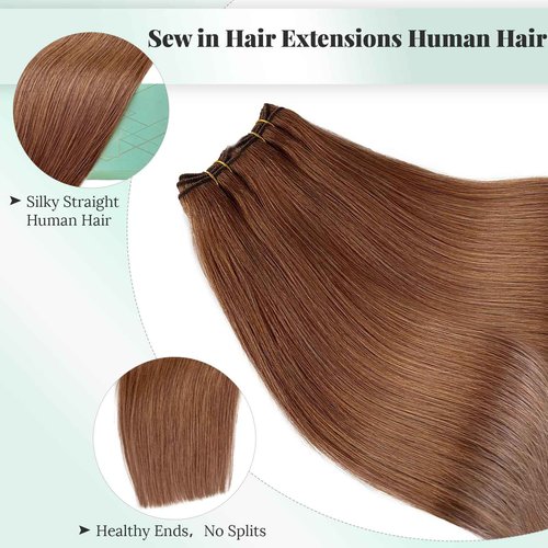 Auburn Hair Weft Sew in Extensions Remy Human Hair Hand Tied Weft Hair Extensions 20 Inch 100G Soft Straight Auburn Brown Sew in Human Hair Extensions Real Hair Weave Bundles for Women